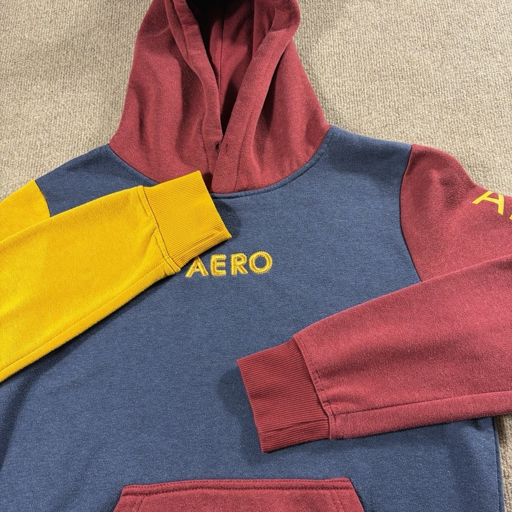 Aeropostale AERO Colorblock Pullover Hoodie Mens M Blue Burgundy Yellow Fleece